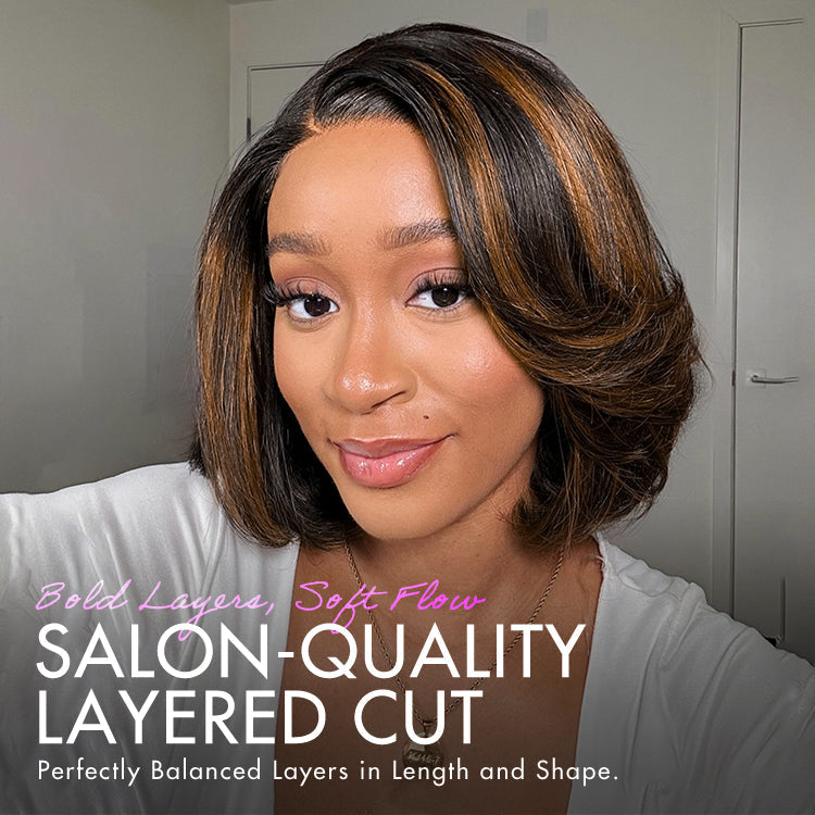 Onimehair™ Brown Highlight Layered Bob Blowout Glueless 5x5 Lace Closure Wig 100% Human Hair Pre-Cut Lace