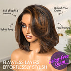 Onimehair™ Brown Highlight Layered Bob Blowout Glueless 5x5 Lace Closure Wig 100% Human Hair Pre-Cut Lace