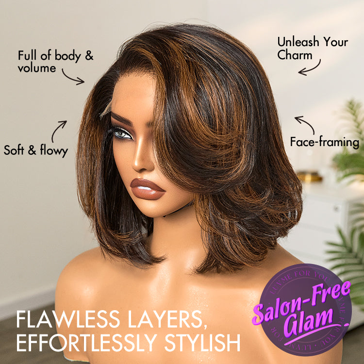 Onimehair™ Brown Highlight Layered Bob Blowout Glueless 5x5 Lace Closure Wig 100% Human Hair Pre-Cut Lace