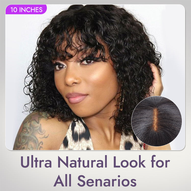 New Customers Only | Beginner Friendly Water Wave Minimalist Lace Glueless Short Curly Wig with Bangs