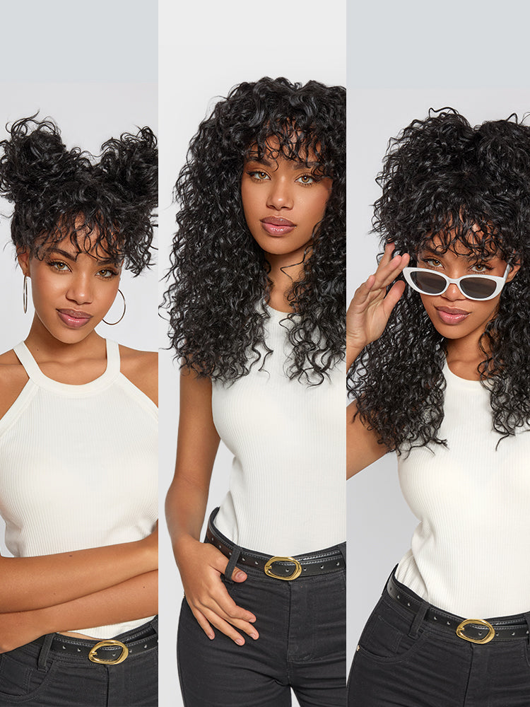 Put on and Go Boho Curly Blend Human Hair Wig with Bangs Effortless Shaggy Waves
