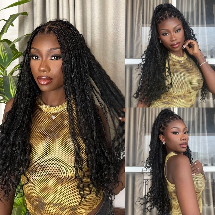 Light Weight Flexi-Fit Invisi Drawstring Cap Full Lace Knotless Boho Curls Braided Long Wig Super Natural Scalp