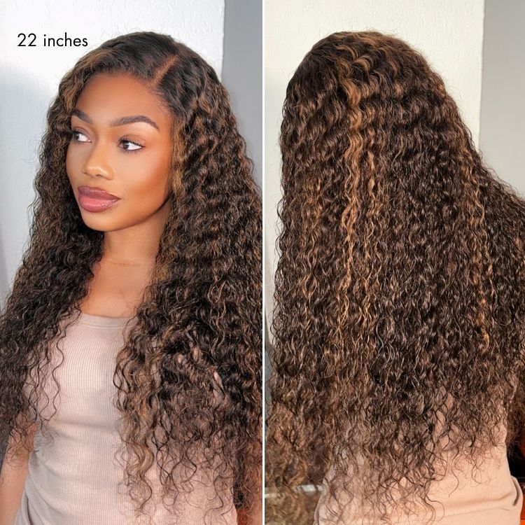 All-Day Comfort™ Wig PartingMax Brown Highlights Funmi Curly 5x5 Closure HD Lace Glueless Wig Pre Cut Lace