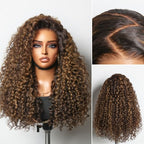 All-Day Comfort™ Wig PartingMax Brown Highlights Funmi Curly 5x5 Closure HD Lace Glueless Wig Pre Cut Lace