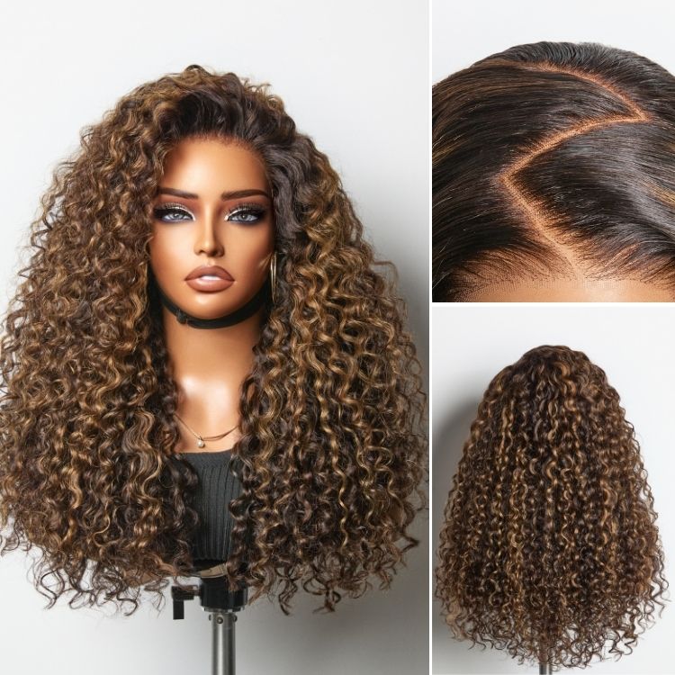 All-Day Comfort™ Wig PartingMax Brown Highlights Funmi Curly 5x5 Closure HD Lace Glueless Wig Pre Cut Lace