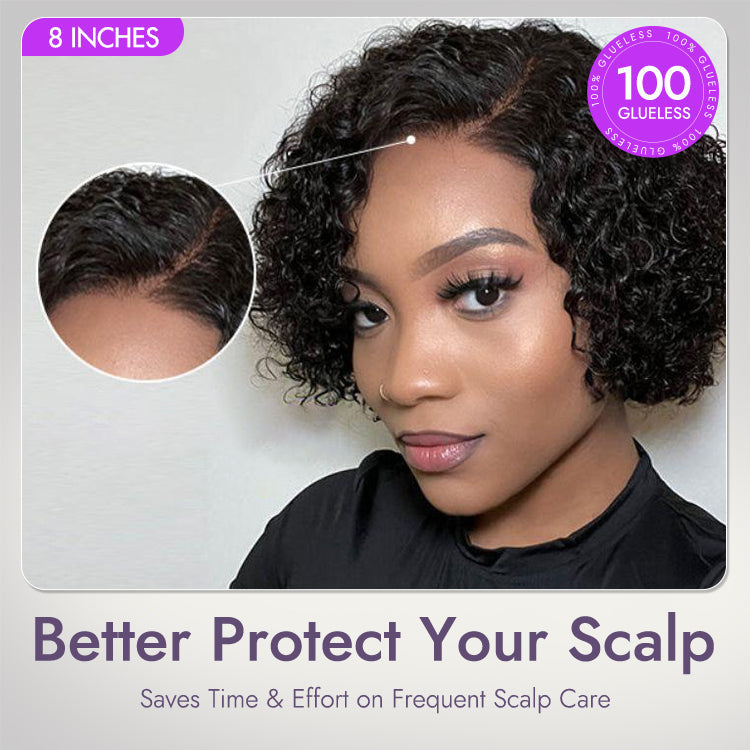 New Customers Only | Trendy Short Cut Curly Minimalist HD Lace Glueless Side Part Wig 100% Human Hair Pre-Cut Lace