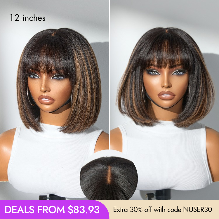 New Year Only | Put On and Go Realistic Glueless Yaki Straight Bob with Bangs Minimalist Lace Wig 100% Human Hair