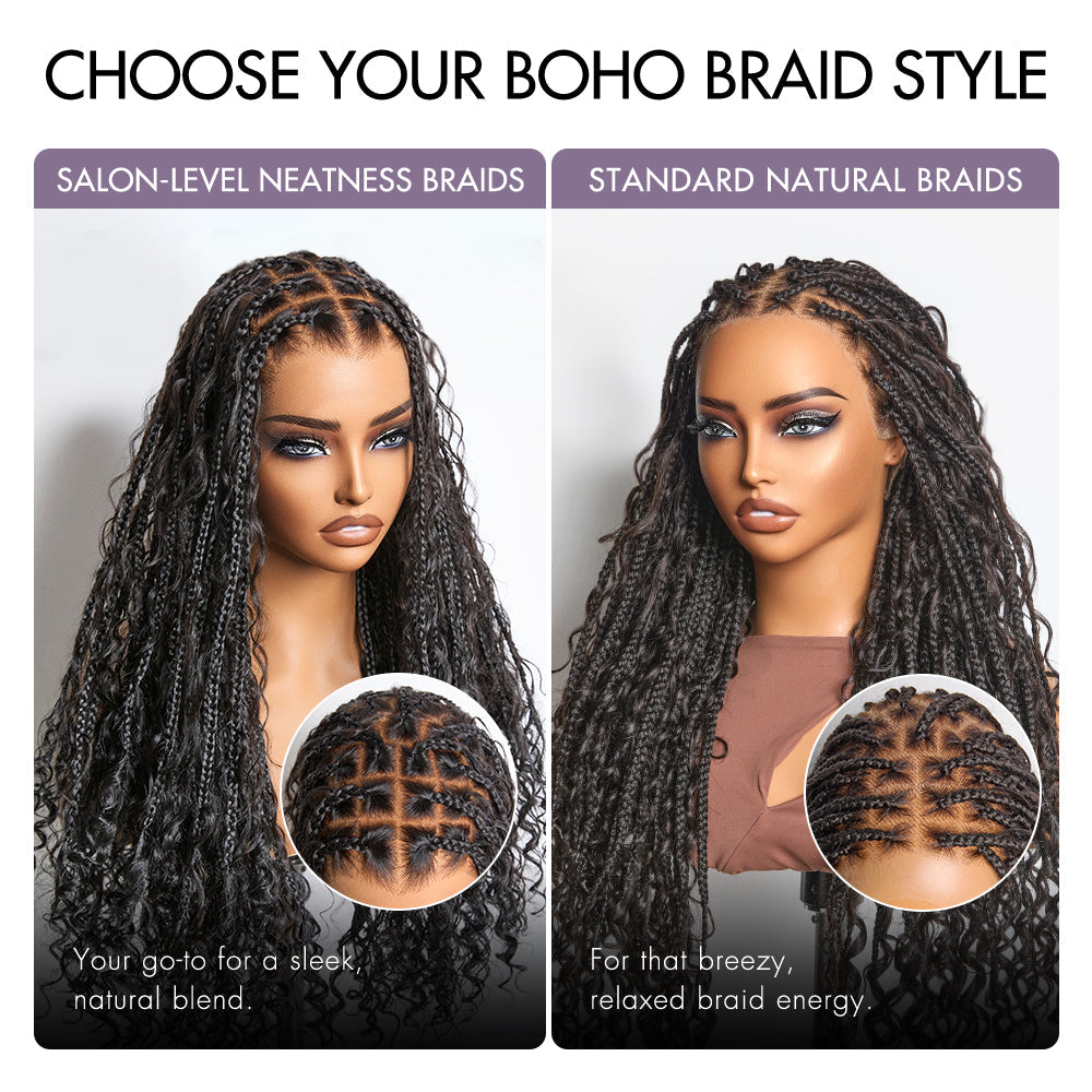 Light Weight Flexi-Fit Invisi Drawstring Cap Full Lace Knotless Boho Curls Braided Long Wig Super Natural Scalp