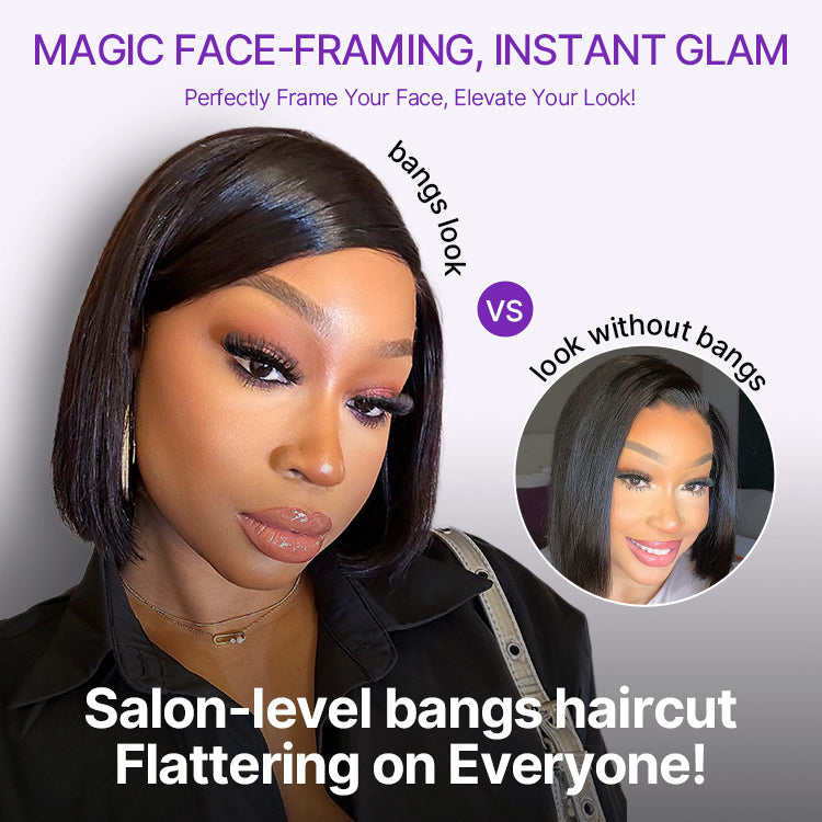 Onimehair™Swoop Bangs Breathable Cap Deep Left C Part Silky Straight Glueless 5x5 Closure Lace Bob Wig