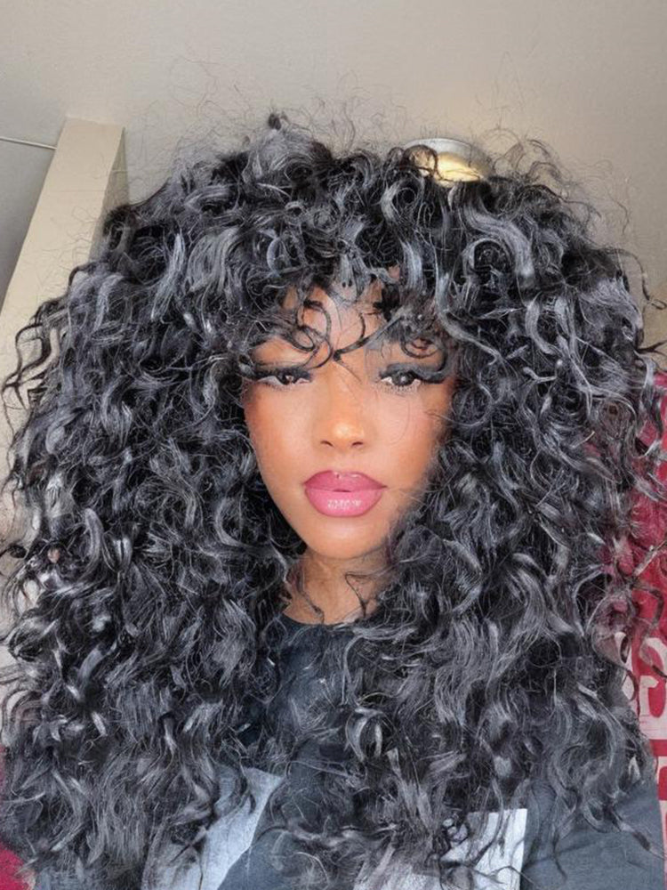 Put on and Go Boho Curly Blend Human Hair Wig with Bangs Effortless Shaggy Waves