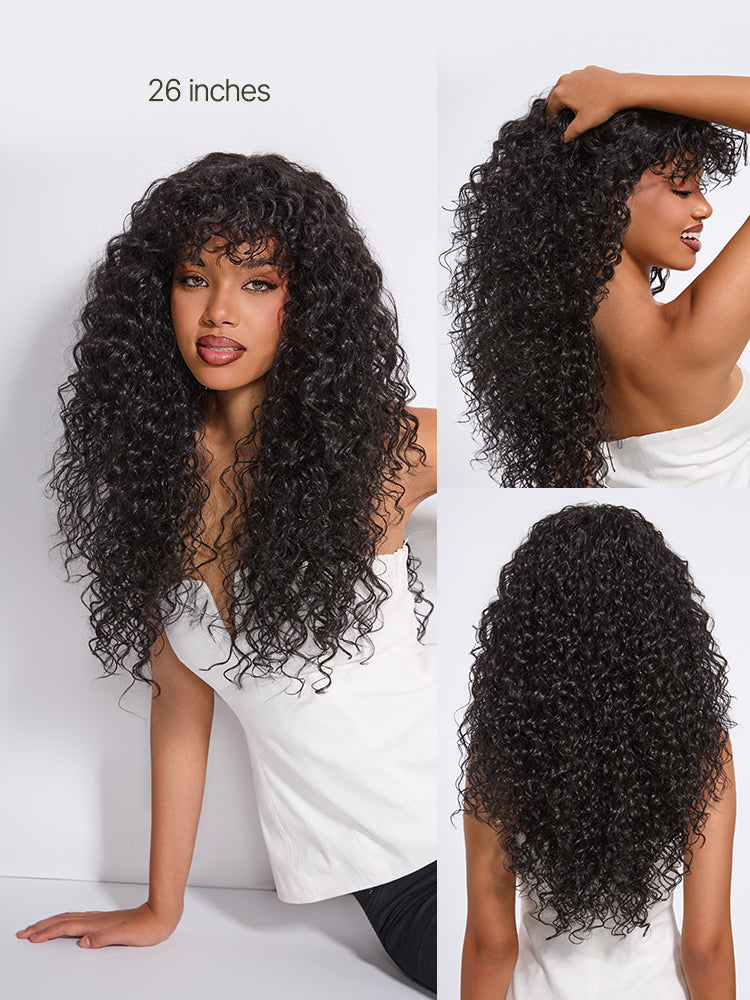 Put on and Go Boho Curly Blend Human Hair Wig with Bangs Effortless Shaggy Waves