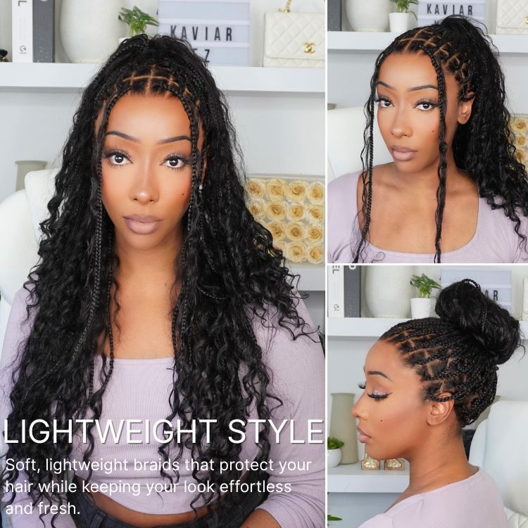 Light Weight Flexi-Fit Invisi Drawstring Cap Full Lace Knotless Boho Curls Braided Long Wig Super Natural Scalp