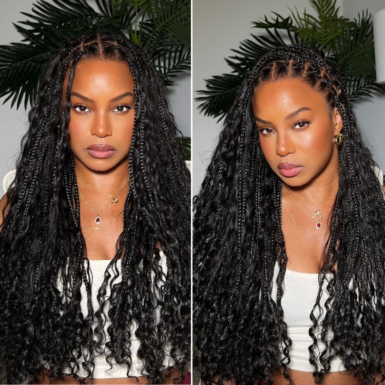 Light Weight Flexi-Fit Invisi Drawstring Cap Full Lace Knotless Boho Curls Braided Long Wig Super Natural Scalp