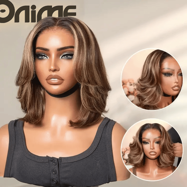 Blonde Highlight / Brown Highlight Short Layered Bob Wig Glueless 5x5 Closure Pre-Cut Lace Wig - Onime Hair