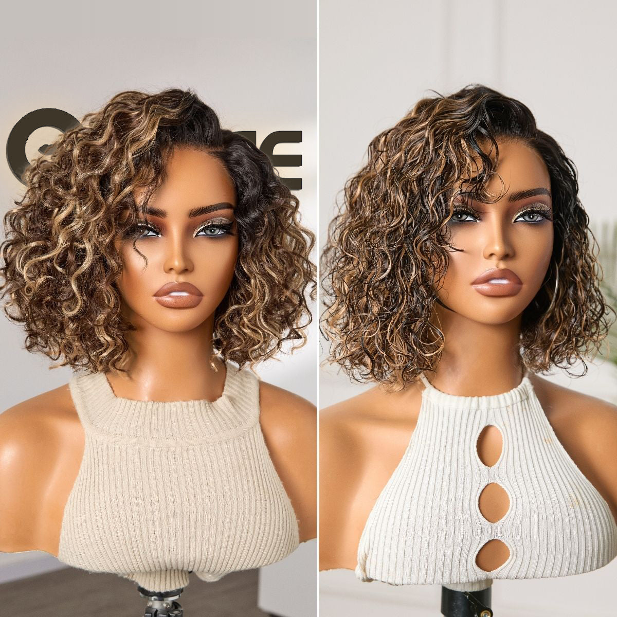 Ready to Go Blonde Highlight / Natural Black Water Wave Short Curly Bob Wig Glueless Minimalist HD Lace Wig Pre-Cut Lace
