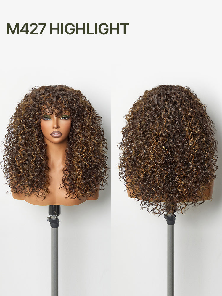 Put on and Go Boho Curly Blend Human Hair Wig with Bangs Effortless Shaggy Waves