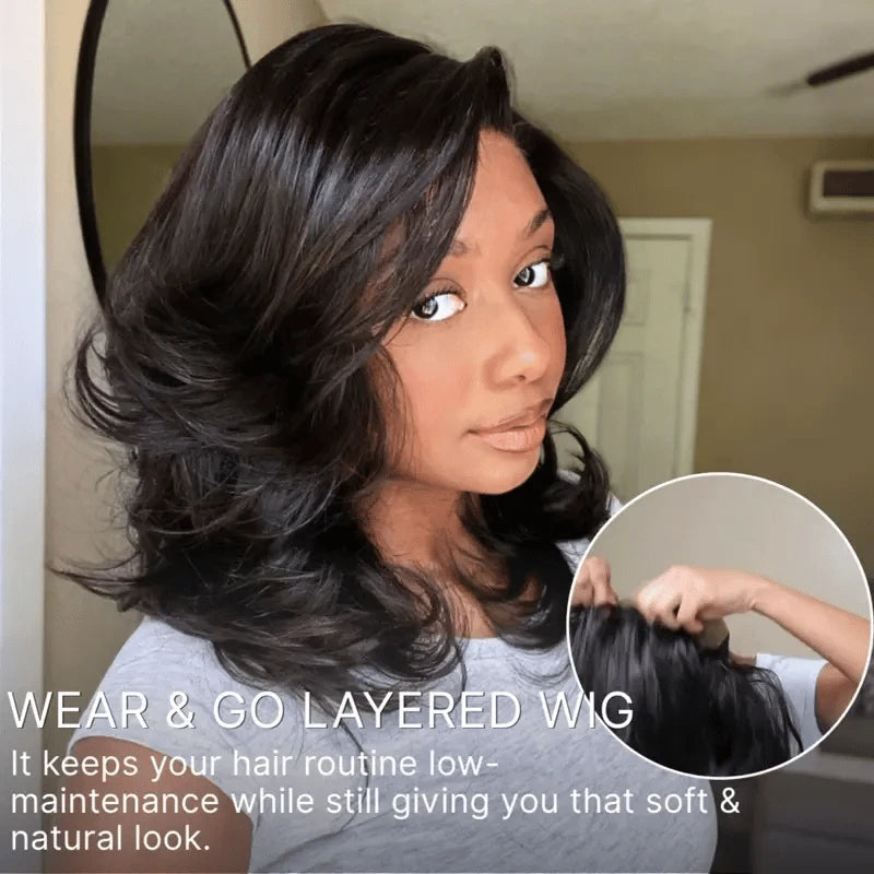 Short wavy glueless lace wig with a butterfly cut, showcasing a chic layered style in a natural look.