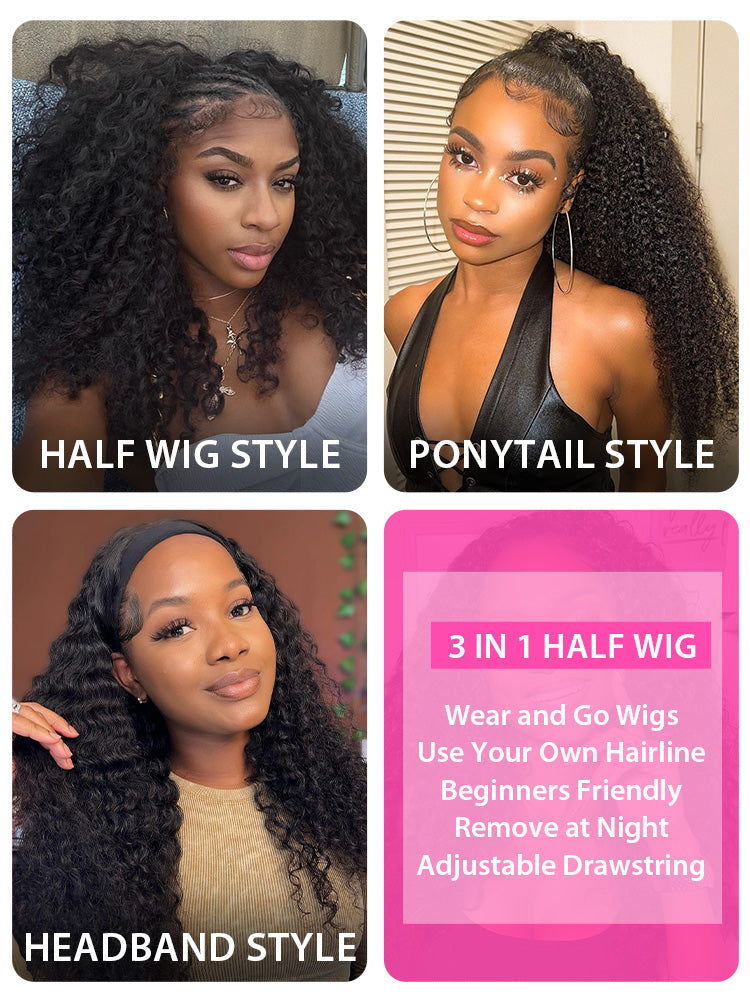 Onimehair™ 3 In 1 Half Wig Layered Curly Bob Pre-Styled onimehair Curly Half Wig Draw-strings Flip Over Wig
