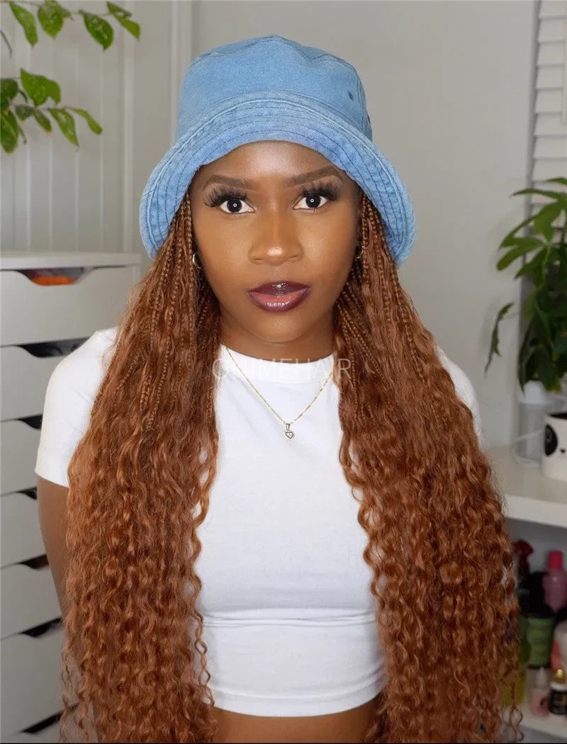 Crochet Boho Box Braids Band Wig Bohemian with Human Hair Curly Ends Braided Hair Extensions Color #30