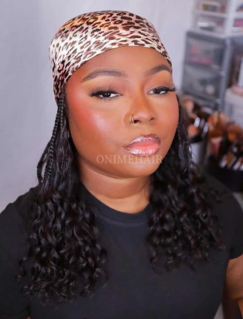 Crochet Boho Box Braids Band Wig Bohemian with Human Hair Curly Ends Braided Hair Extensions Natural Black