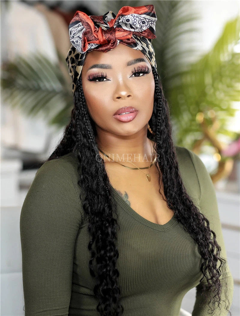 Crochet Boho Box Braids Band Wig Bohemian with Human Hair Curly Ends Braided Hair Extensions Natural Black