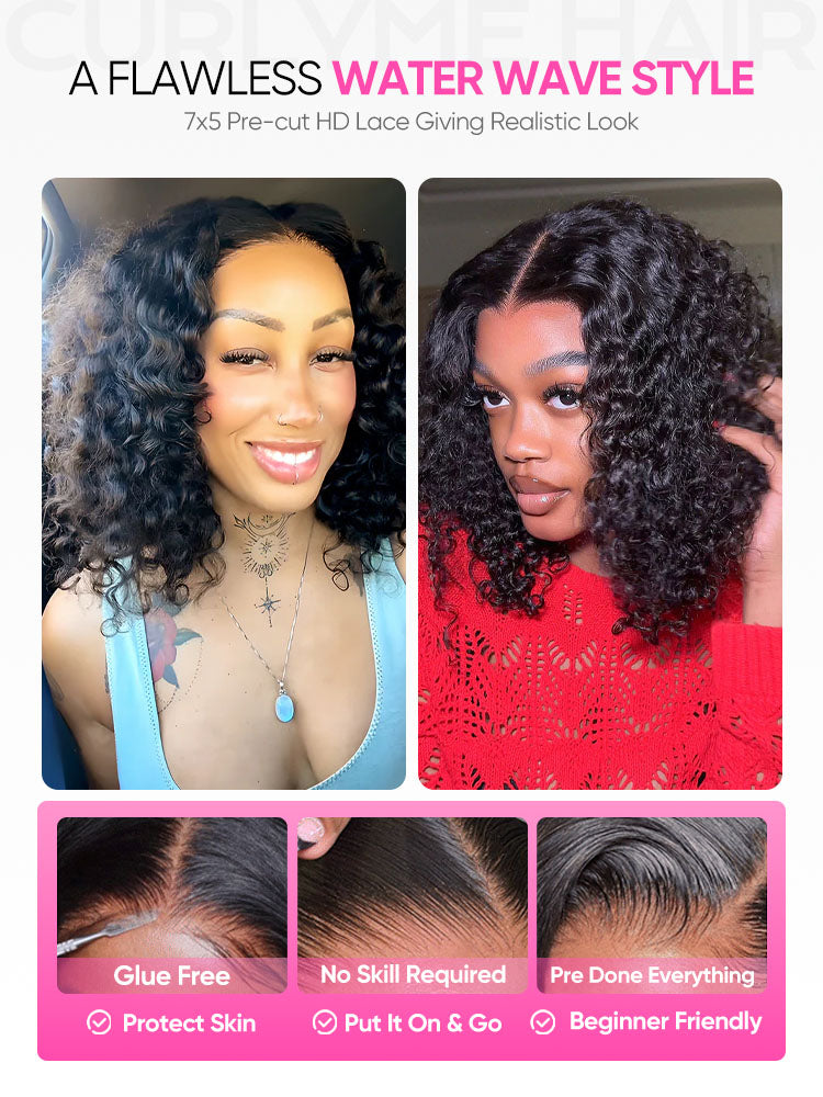 Onimehair™ Water Wave Bob Glueless Wig Wear Go 13x4 HD Lace Pre Cut Lace Wig