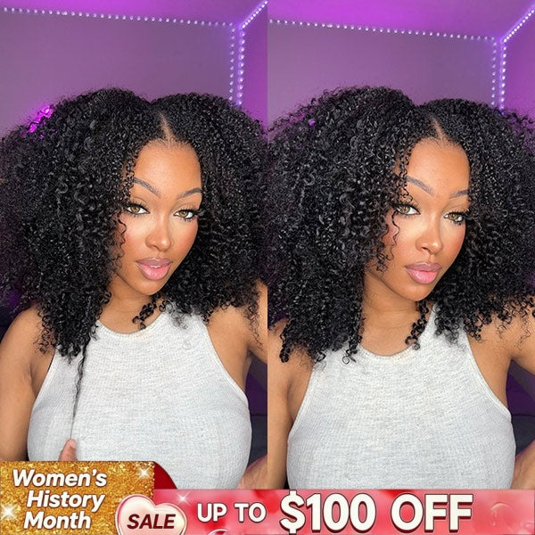 Glueless Wigs V Part Afro Curly Wig No Leave Out Thin Part Human Hair Wig With Drawstring Beginner Friendly - Onime Hair