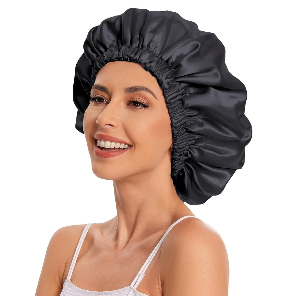 Onimehair™Satin Bonnet Silk Bonnet Hair Bonnet for Sleeping-Slouchy Beanie Hat Satin Sleep Cap for Women's Natural & Curly Hair(Black&Gray)