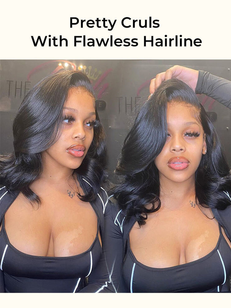 Onimehair™ Pre-bleached Body Wave Hair Wear Go Bob Wig 13x4 Pre-cut HD Lace Pre-plucked