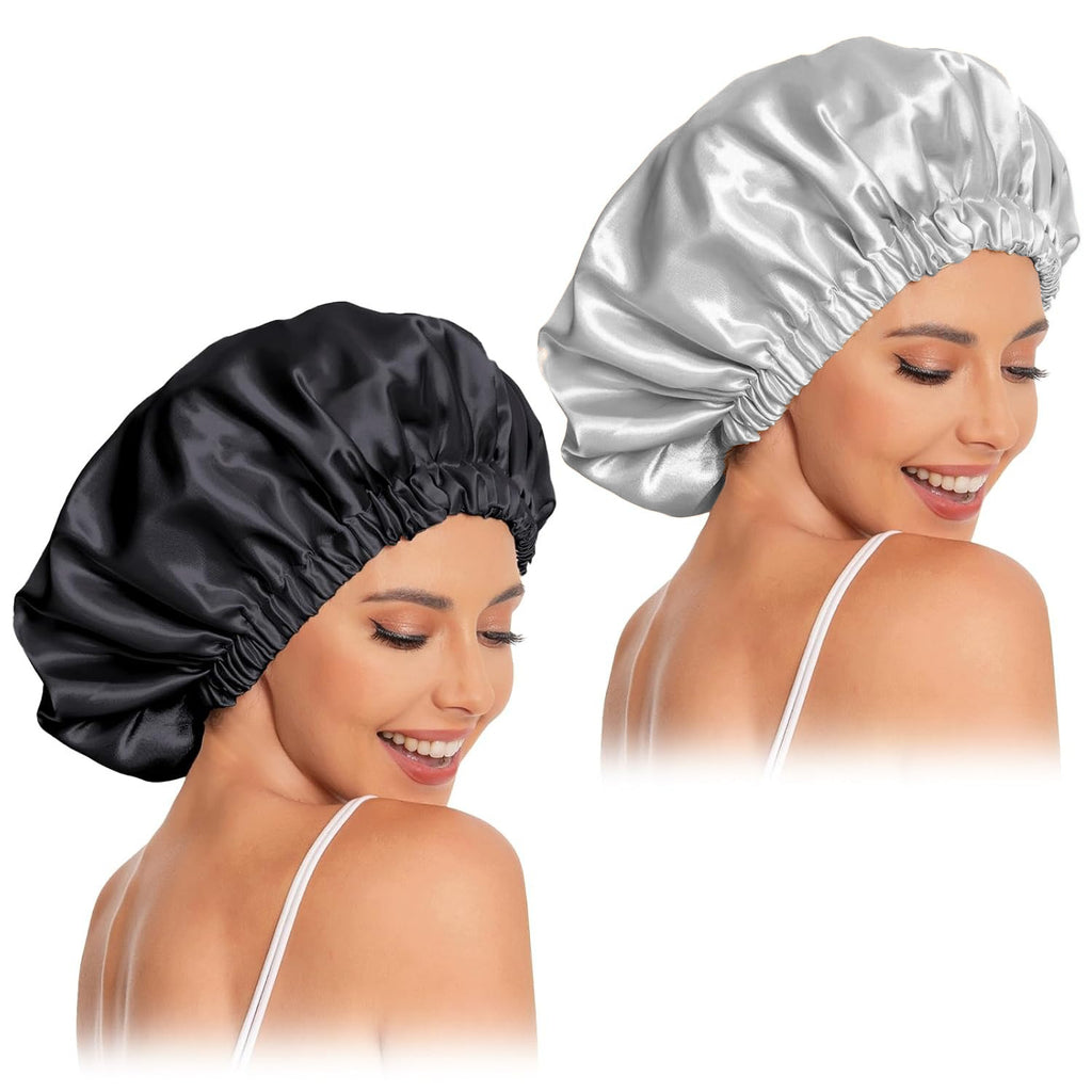 Onimehair™Satin Bonnet Silk Bonnet Hair Bonnet for Sleeping-Slouchy Beanie Hat Satin Sleep Cap for Women's Natural & Curly Hair(Black&Gray)