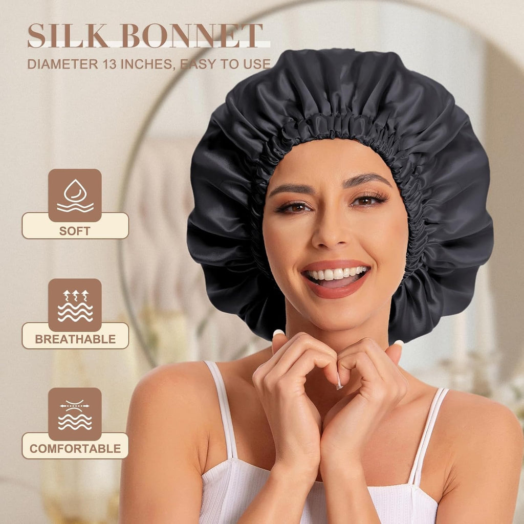 Onimehair™Satin Bonnet Silk Bonnet Hair Bonnet for Sleeping-Slouchy Beanie Hat Satin Sleep Cap for Women's Natural & Curly Hair(Black&Gray)