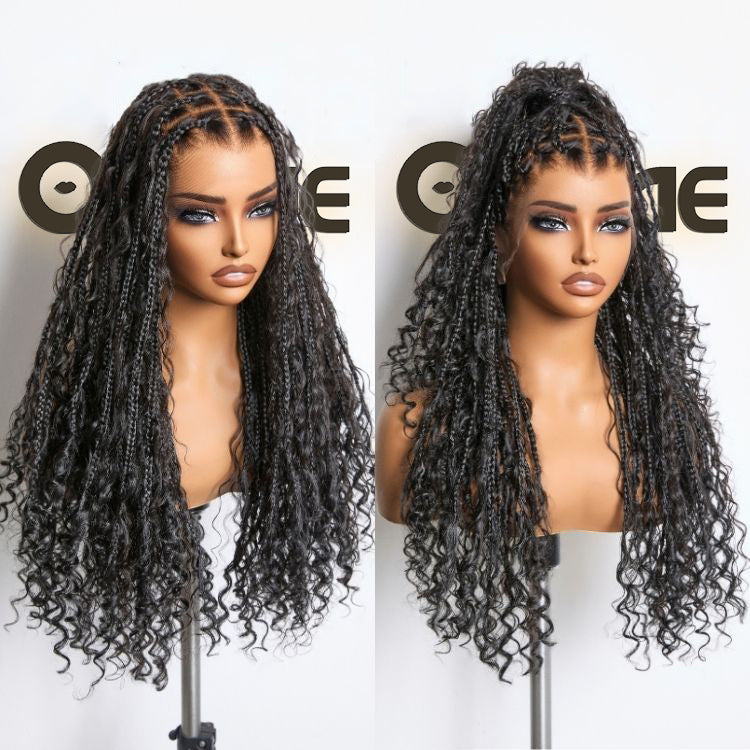 Light Weight Flexi-Fit Invisi Drawstring Cap Full Lace Knotless Boho Curls Braided Long Wig Super Natural Scalp