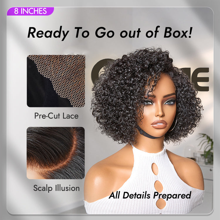 New Customers Only | Trendy Short Cut Curly Minimalist HD Lace Glueless Side Part Wig 100% Human Hair Pre-Cut Lace