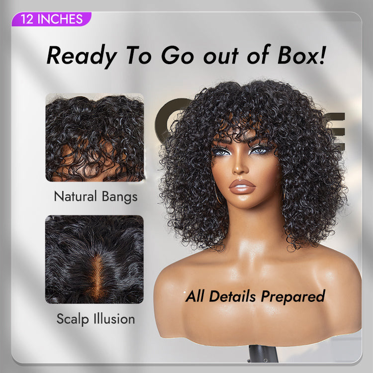 New Customers Only | Beginner Friendly Water Wave Minimalist Lace Glueless Short Curly Wig with Bangs