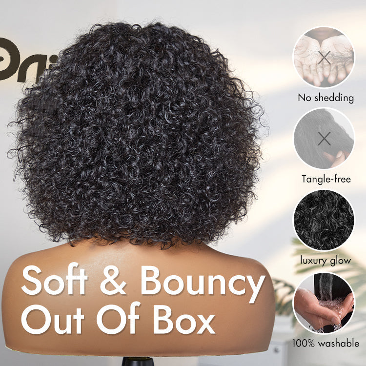 New Customers Only | Beginner Friendly Water Wave Minimalist Lace Glueless Short Curly Wig with Bangs