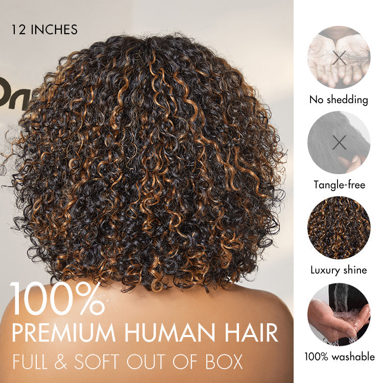 New Customers Only | Beginner Friendly Water Wave Minimalist Lace Glueless Short Curly Wig with Bangs