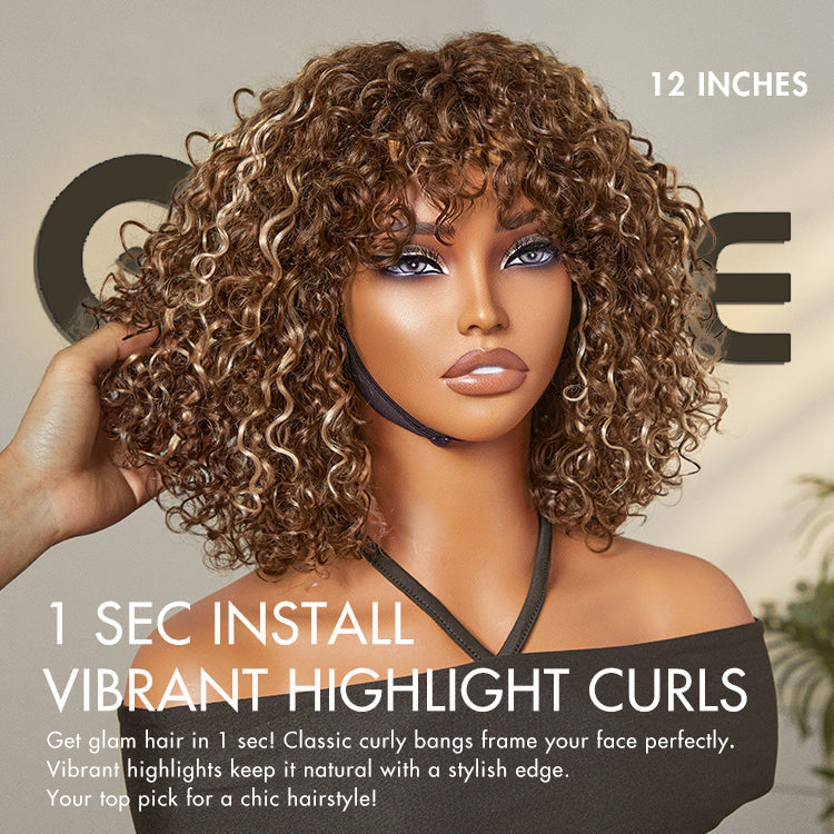 New Customers Only | Beginner Friendly Water Wave Minimalist Lace Glueless Short Curly Wig with Bangs