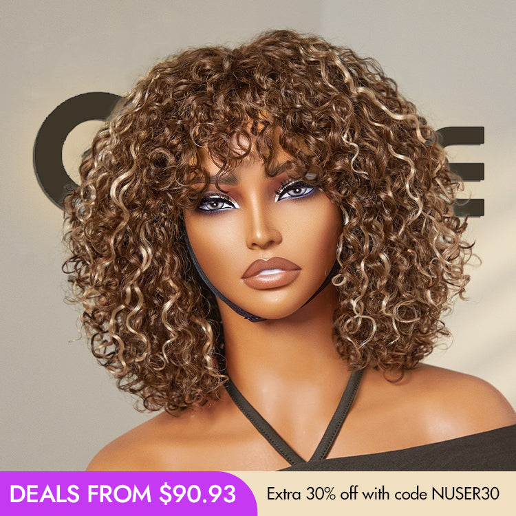 New Customers Only | Beginner Friendly Water Wave Minimalist Lace Glueless Short Curly Wig with Bangs