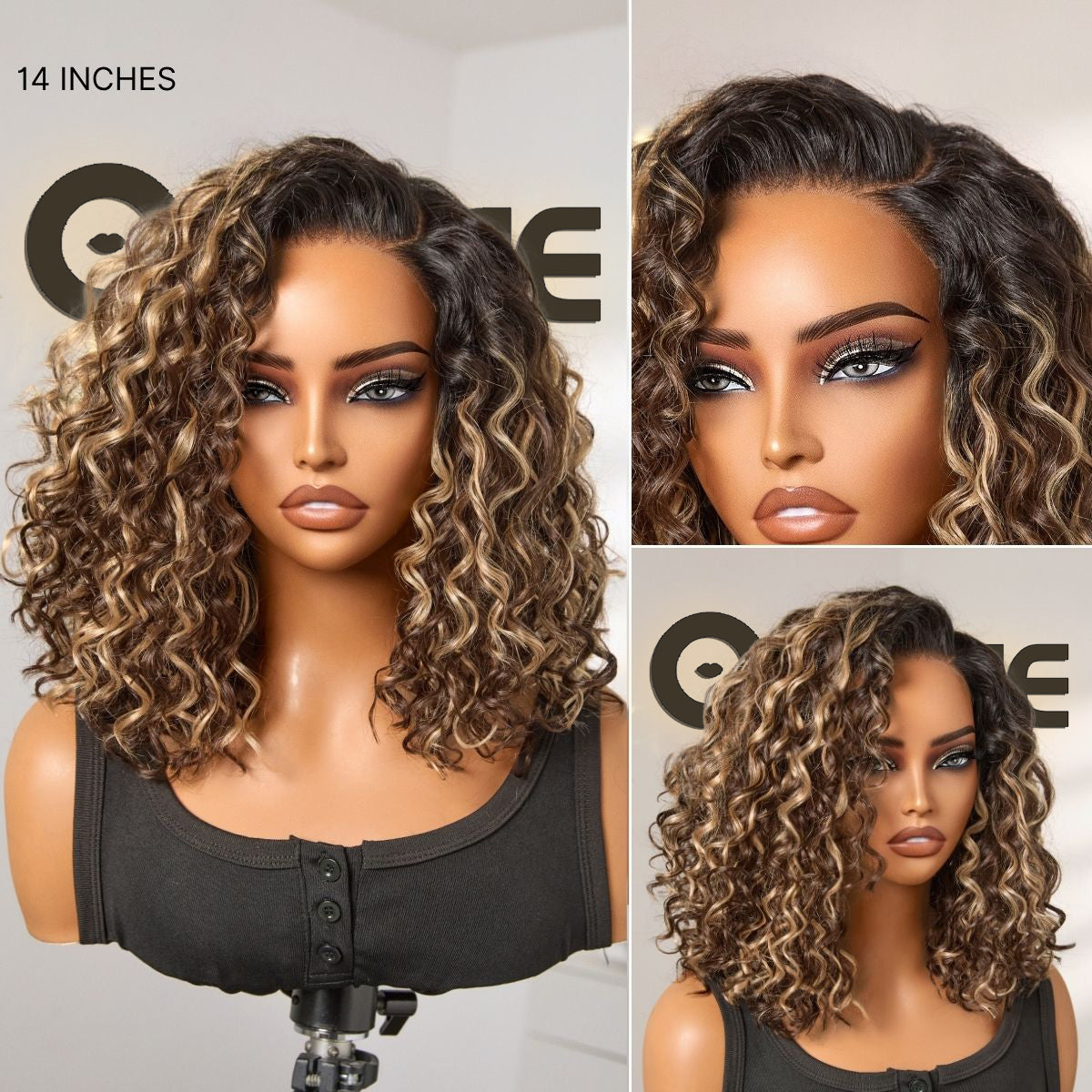 Ready to Go Blonde Highlight / Natural Black Water Wave Short Curly Bob Wig Glueless Minimalist HD Lace Wig Pre-Cut Lace