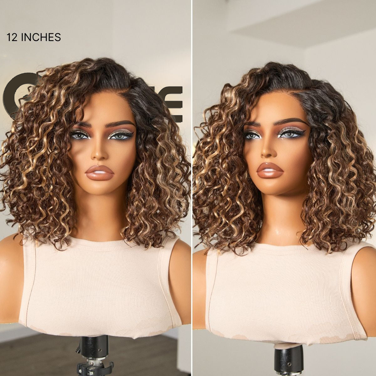 Ready to Go Blonde Highlight / Natural Black Water Wave Short Curly Bob Wig Glueless Minimalist HD Lace Wig Pre-Cut Lace