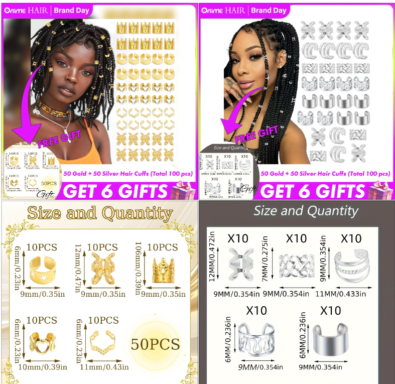 Hair Cuffs-50pcs Gold + 50pcs Silver  (Total 100 pcs)