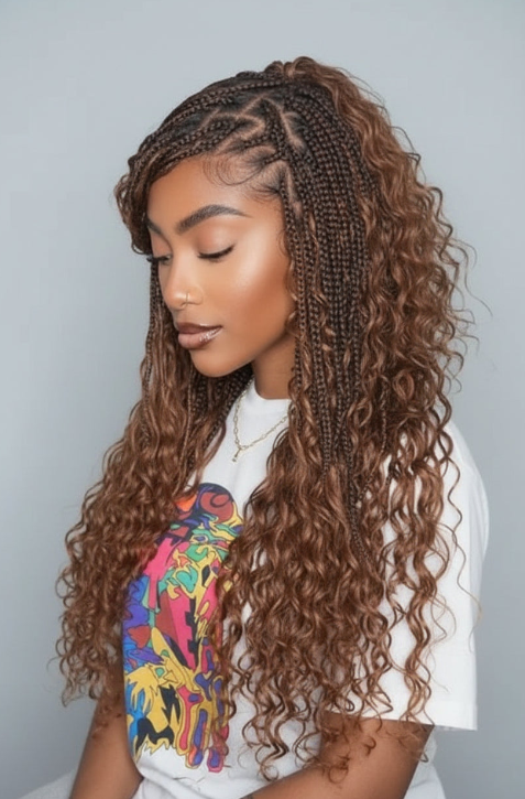 Light Weight Flexi-Fit Invisi Drawstring Cap Full Lace Knotless Boho Curls Braided Long Wig Super Natural Scalp