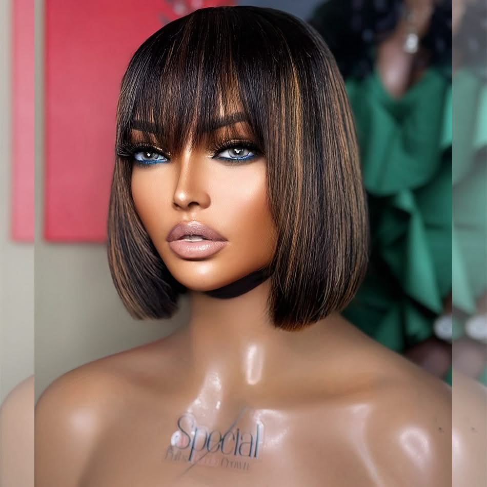 MySite glueless lace human hair bob wig with layered cut and bangs, showcasing a natural, stylish hairstyle.