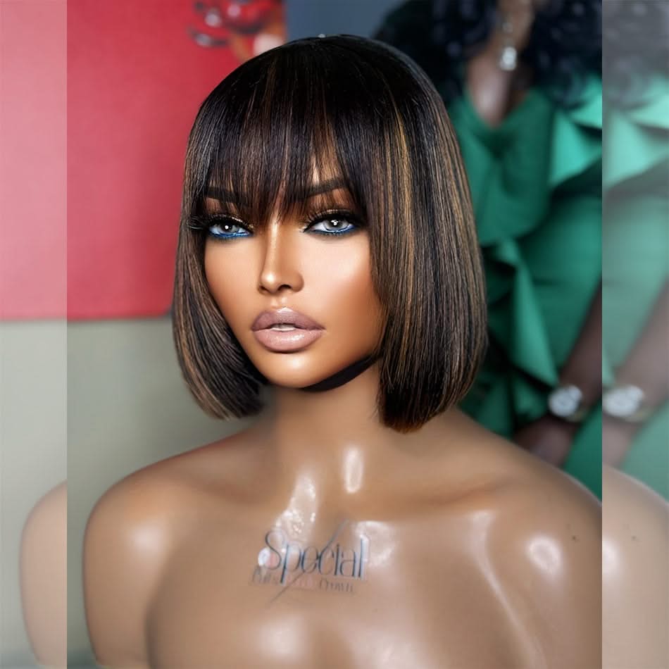 MySite glueless lace human hair bob wig with a slight layered cut and bangs, showcasing a natural, stylish hairstyle.