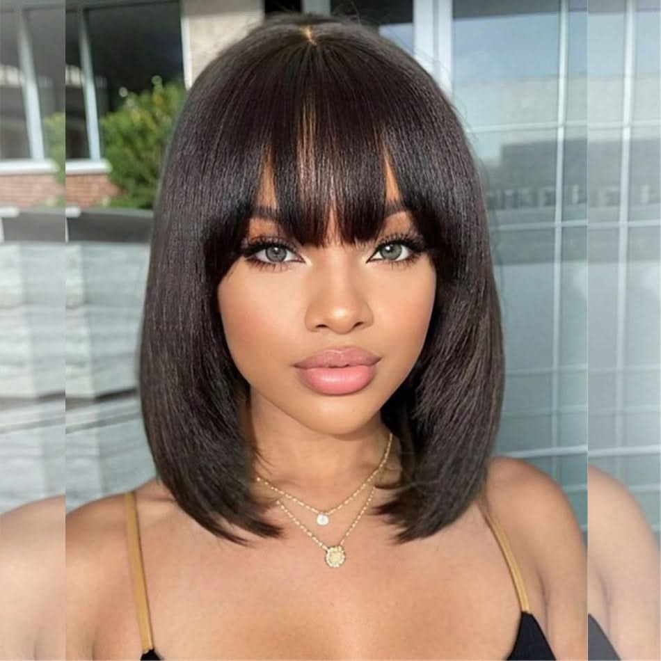 Layered human hair bob wig with bangs, glueless lace construction, styled for a natural look by mysite.