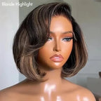 Brown/Blonde Highlight Color Layered Cut 5×5 Lace Bob C Side Part Wear & Go Glueless Closure Wig