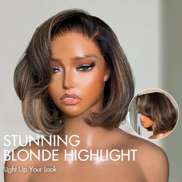 Brown/Blonde Highlight Color Layered Cut 5×5 Lace Bob C Side Part Wear & Go Glueless Closure Wig