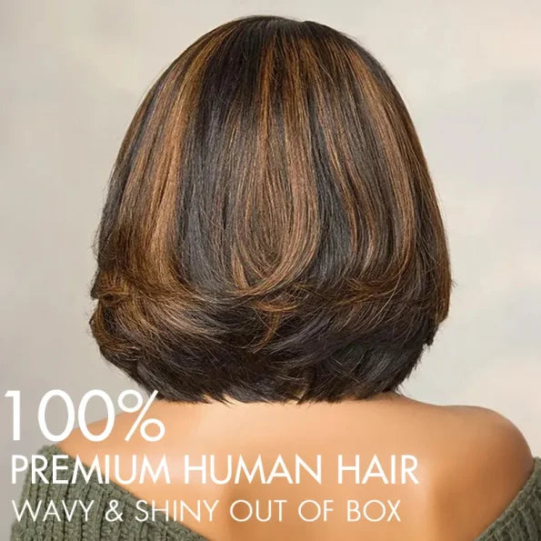 Brown/Blonde Highlight Color Layered Cut 5×5 Lace Bob C Side Part Wear & Go Glueless Closure Wig