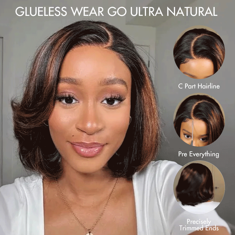 Brown/Blonde Highlight Color Layered Cut 5×5 Lace Bob C Side Part Wear & Go Glueless Closure Wig