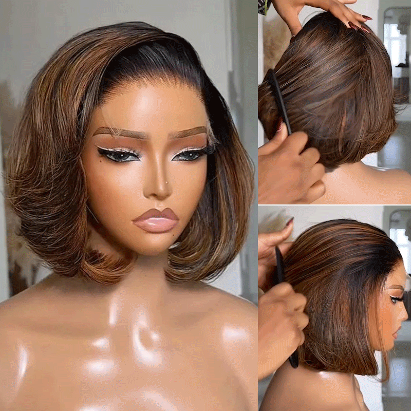 Brown/Blonde Highlight Color Layered Cut 5×5 Lace Bob C Side Part Wear & Go Glueless Closure Wig